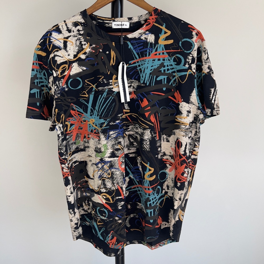 YININF Mens XL Abstract Graffiti Print T-Shirt Black Multi Streetwear NWT